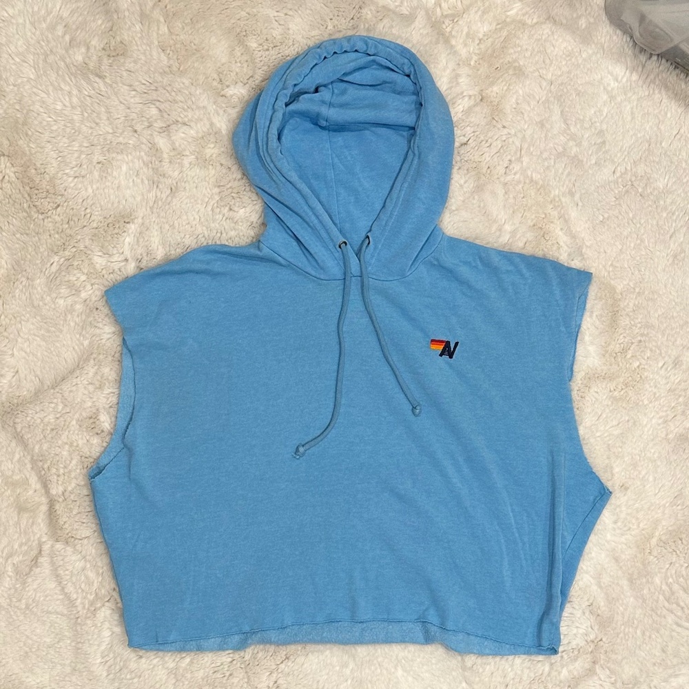 Aviator Nation Embroidery Sleeveless Relaxed Cropped Pullover Hoodie